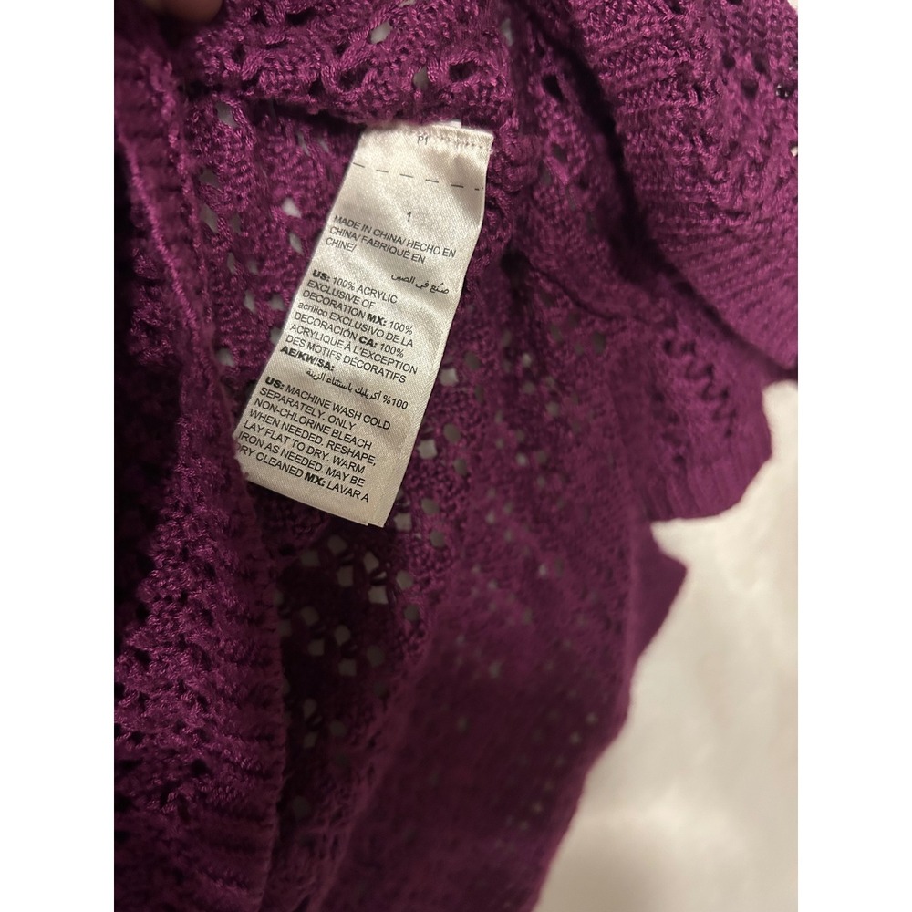 Chicos Crochet Sweater Womens 1 M Purple Open Knit V-Neck 3/4 Sleeve Pullover - Picture 2 of 4